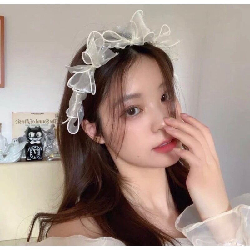 Bờm tóc, băng đô phối nơ voan bèo phong cách lolita xinh xắn