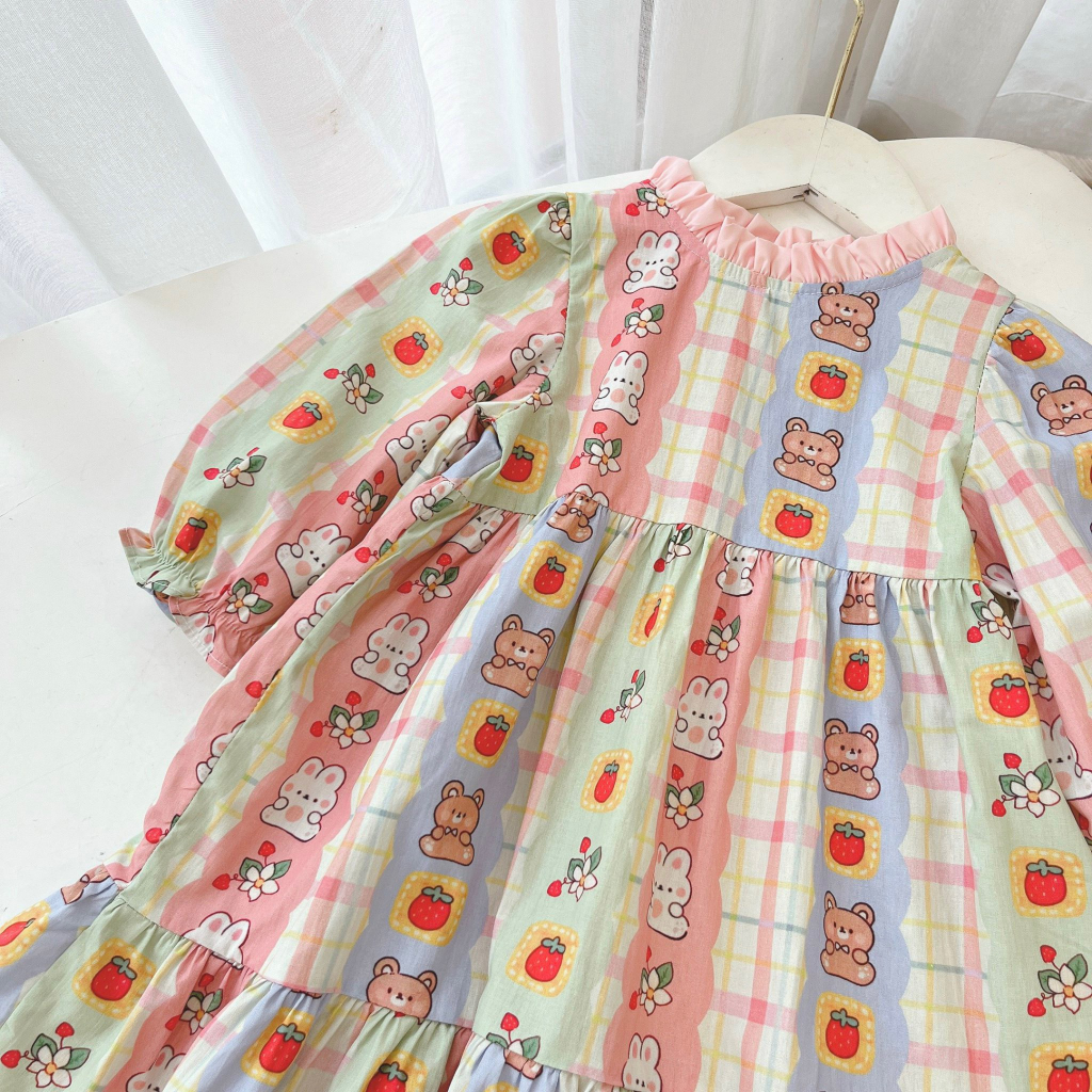 Váy Bé Gái Thiết Kế Tay Bồng Dáng BabyDoll Đầm Bé Gái Đi Học Váy Đi Chơi Cho Bé