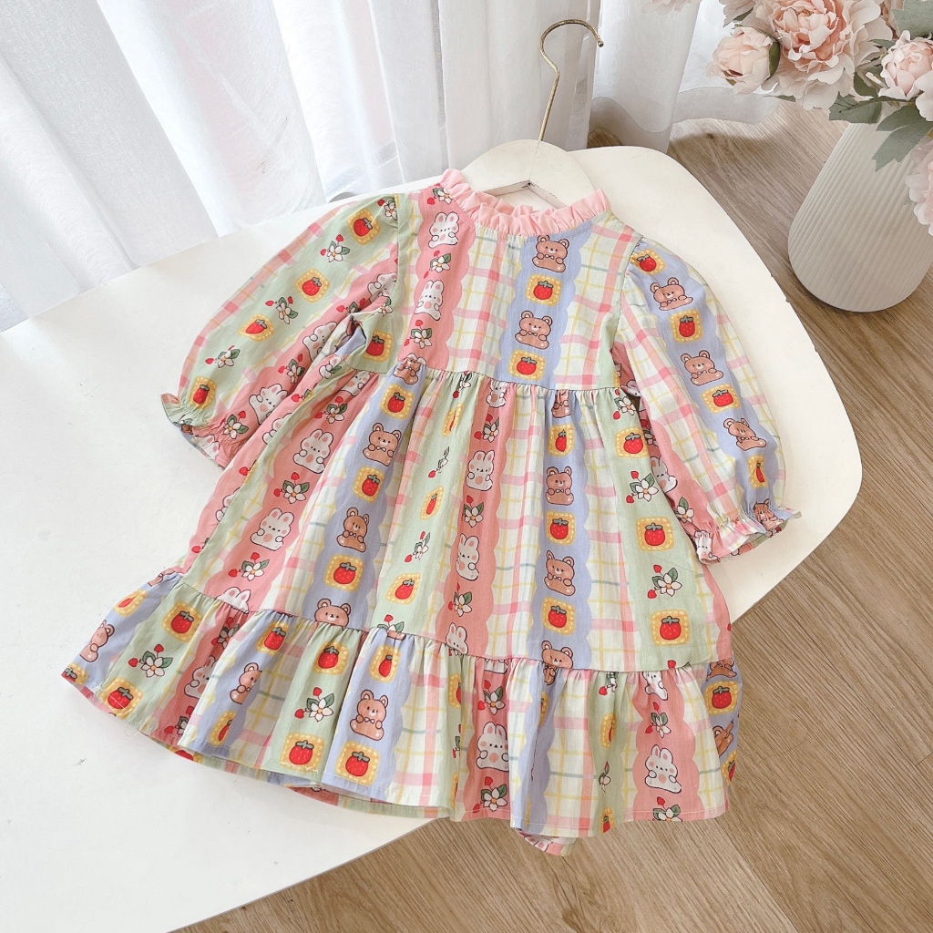 Váy Bé Gái Thiết Kế Tay Bồng Dáng BabyDoll Đầm Bé Gái Đi Học Váy Đi Chơi Cho Bé