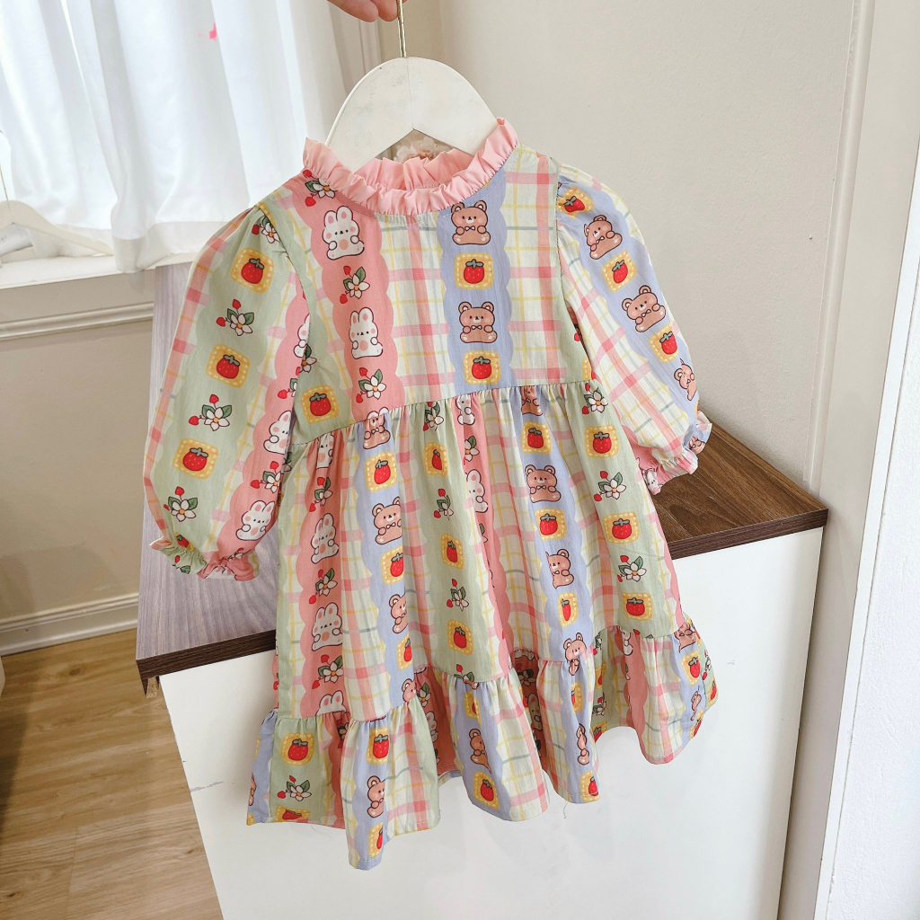 Váy Bé Gái Thiết Kế Tay Bồng Dáng BabyDoll Đầm Bé Gái Đi Học Váy Đi Chơi Cho Bé