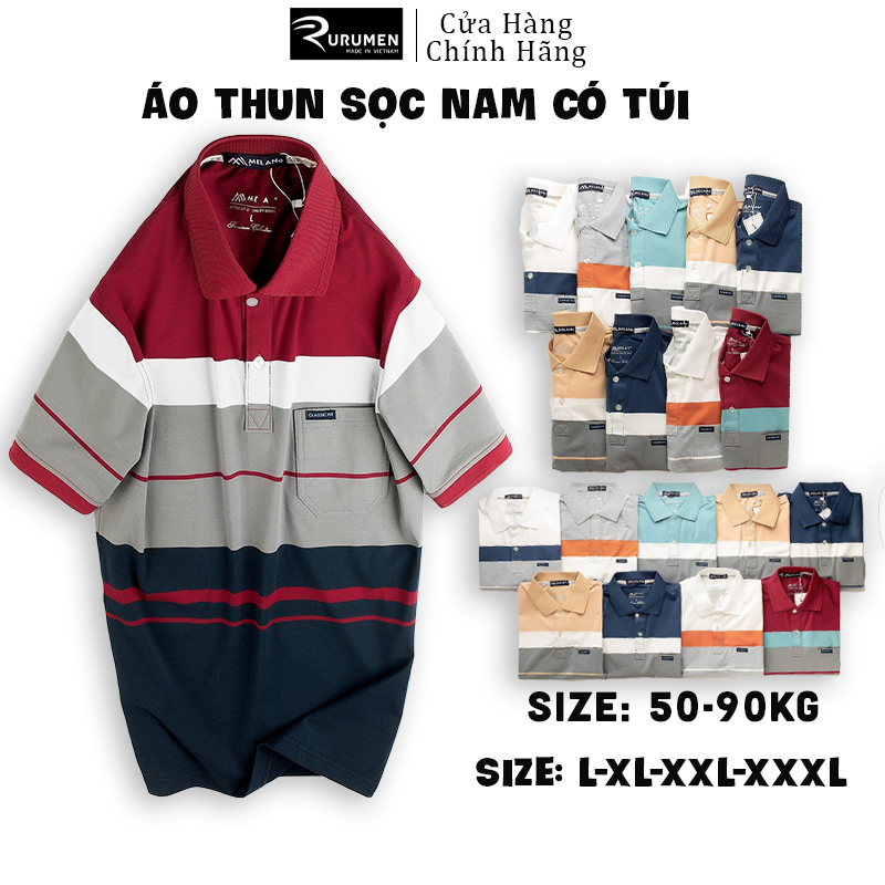 Áo Thun Polo Nam Sọc Ngang Cổ Bẻ Có Túi RURUMEN Trung Niên Big Size