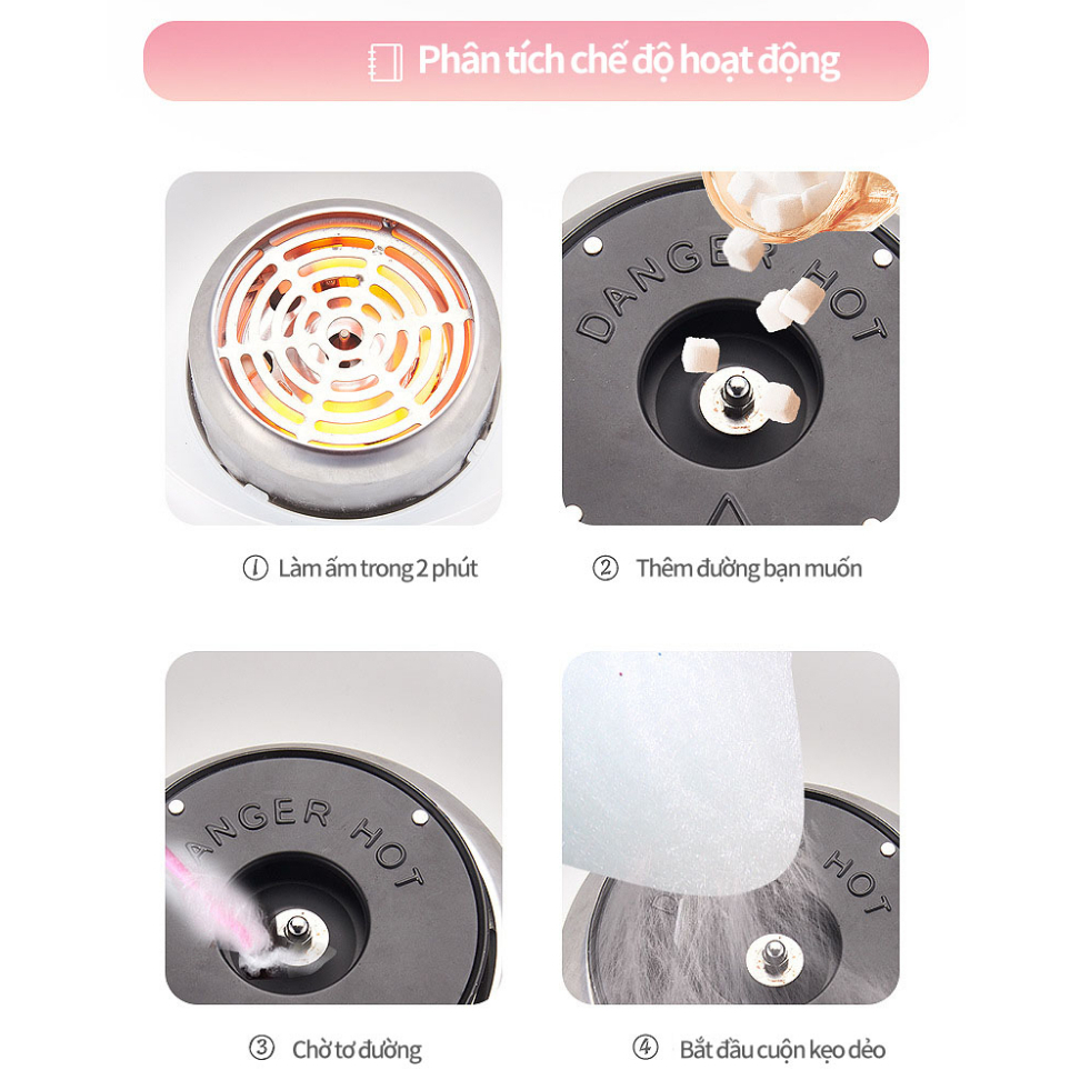 Máy làm kẹo bông mini Thiết kế tách nhiệt nhanh Tặng kèm đường, que làm kẹo bông, muỗm đường Bảo hành 12 tháng