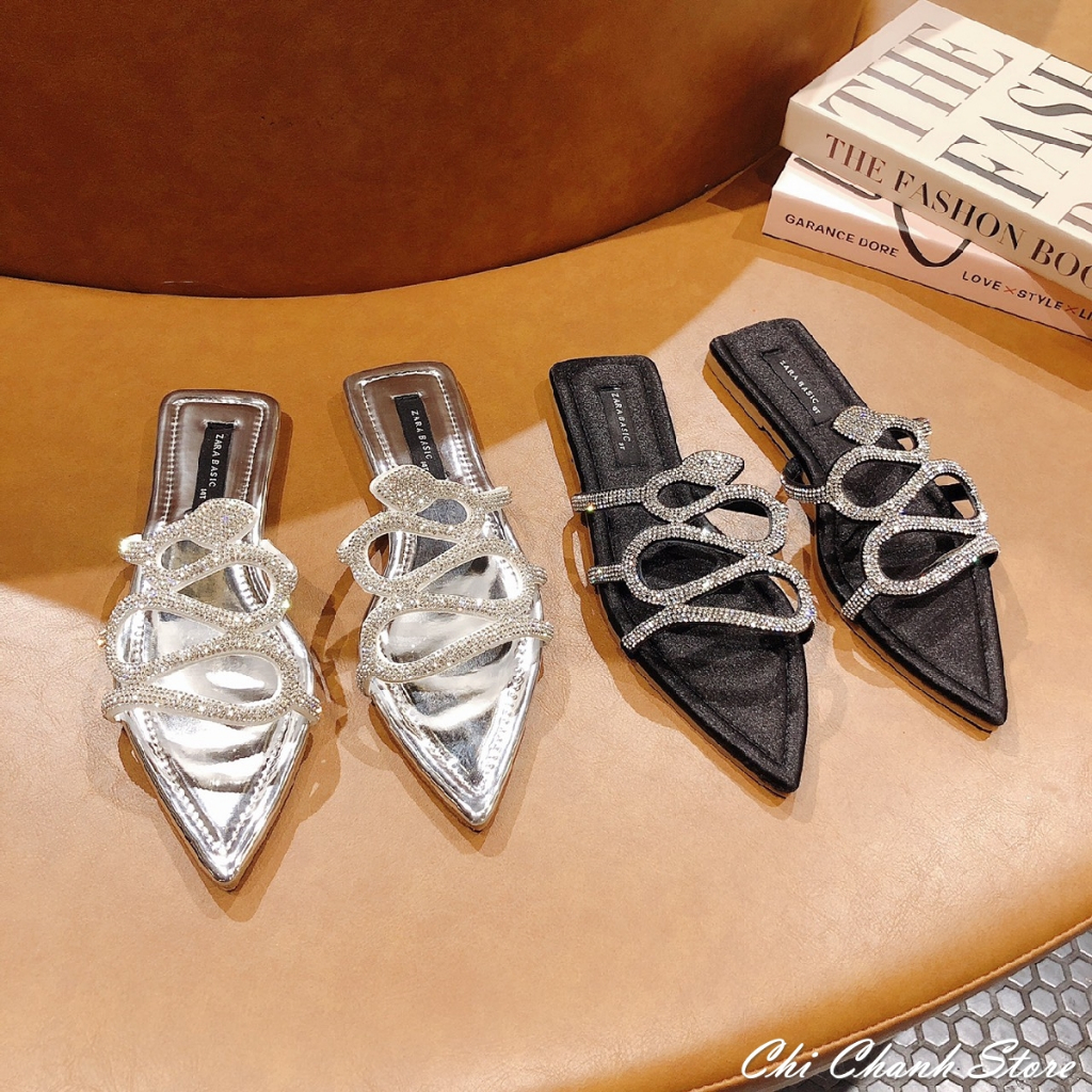 Dép mũi nhọn sục quai đính đá thời trang hàng đẹp y hình lên chân cực xinh Chi Chanh Store D93