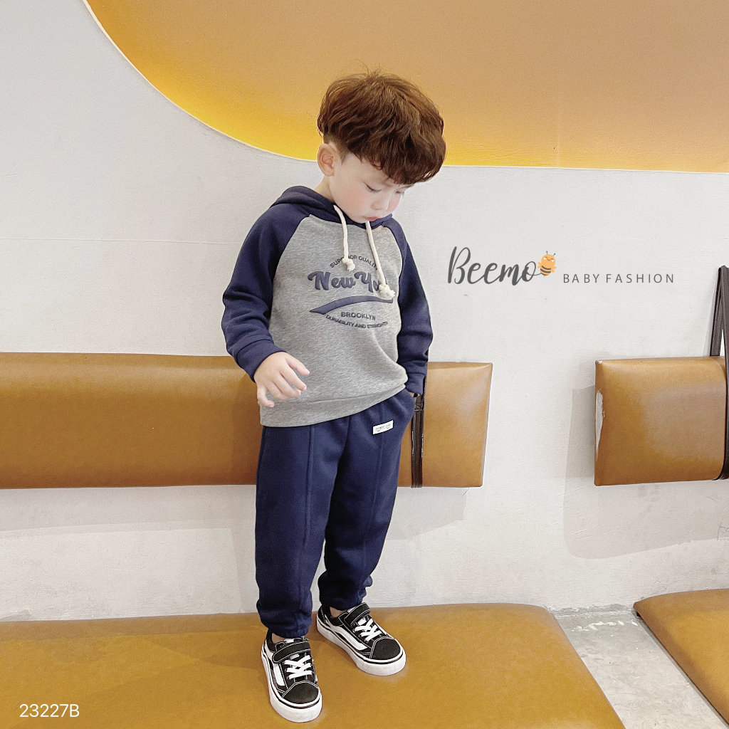 Bộ hoodie phối tay, bộ mũ nỉ da cá dài tay mềm in chữ New York Beemo cho bé