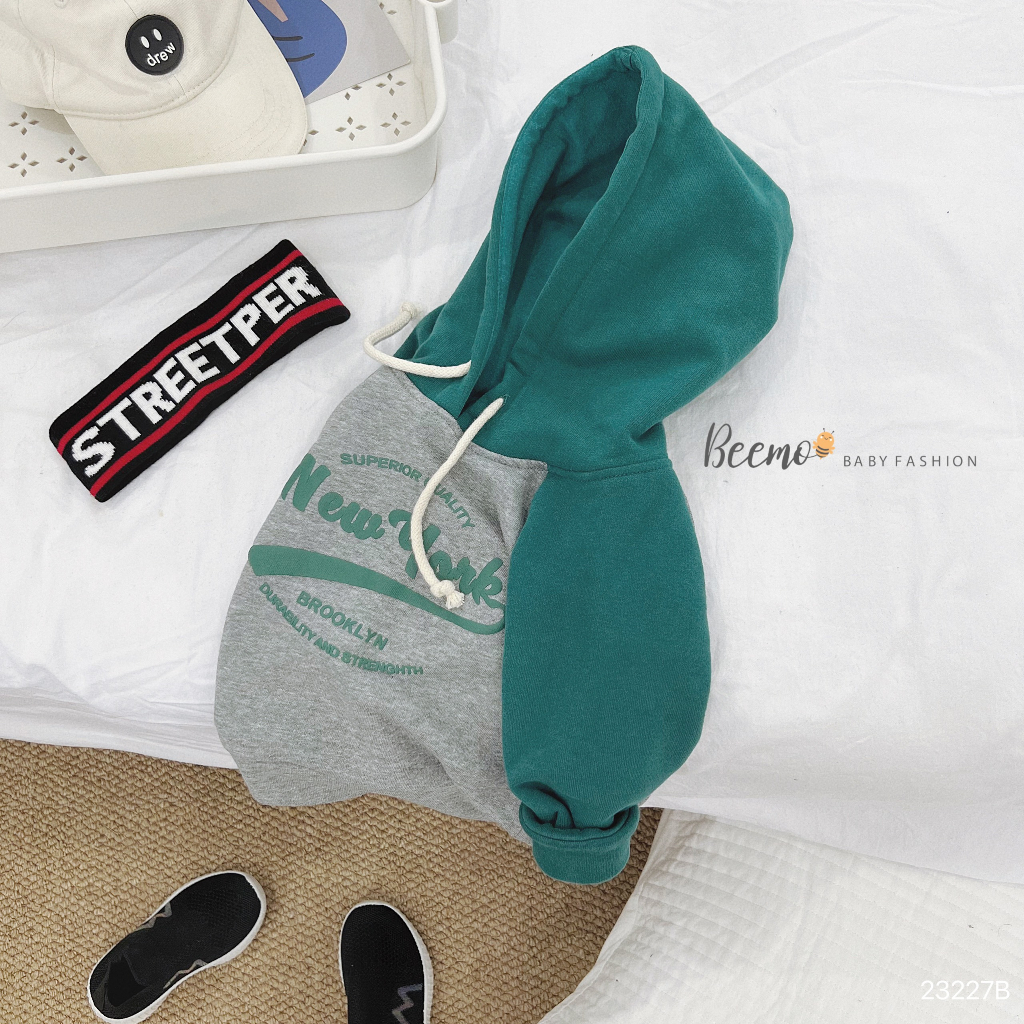 Bộ hoodie phối tay, bộ mũ nỉ da cá dài tay mềm in chữ New York Beemo cho bé