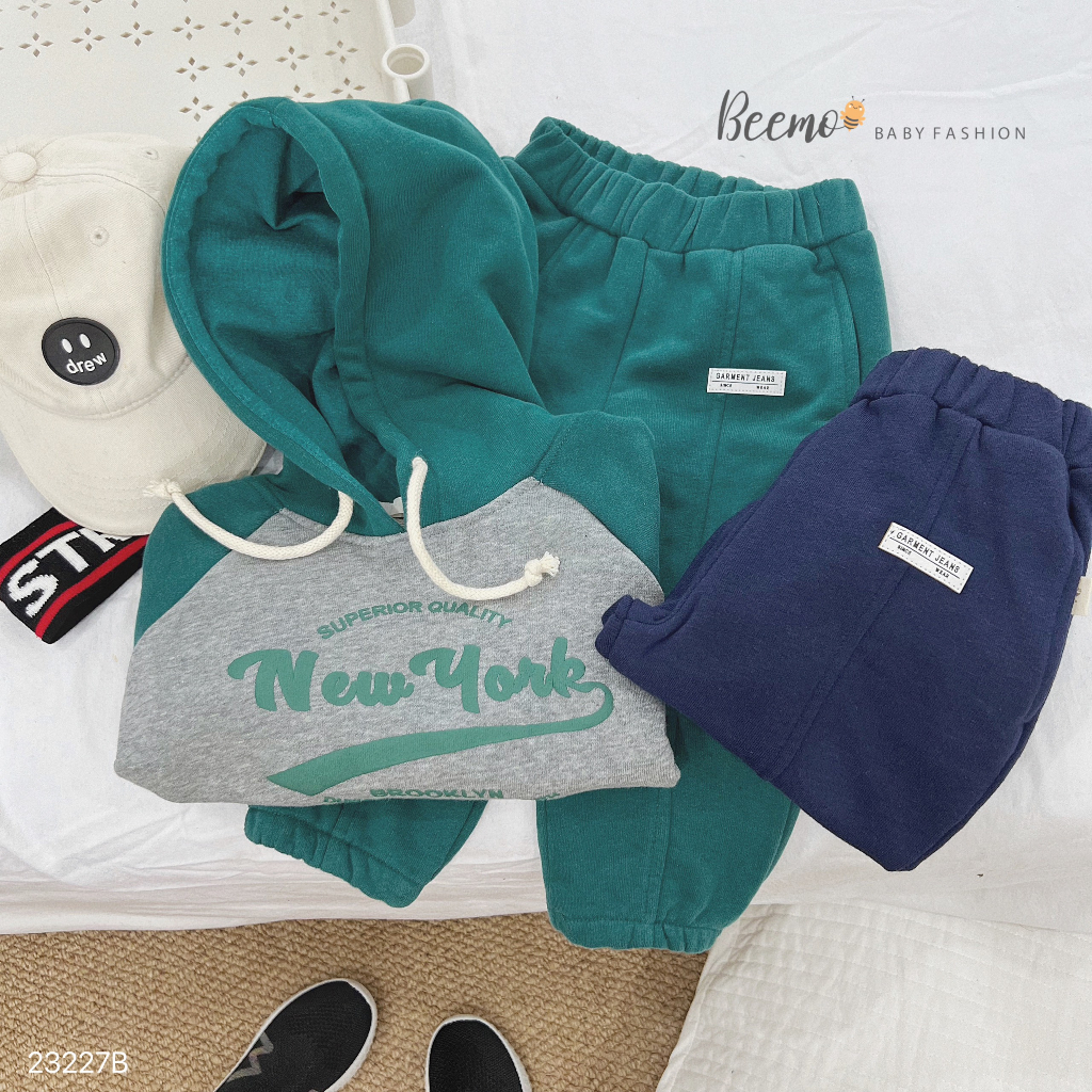 Bộ hoodie phối tay, bộ mũ nỉ da cá dài tay mềm in chữ New York Beemo cho bé