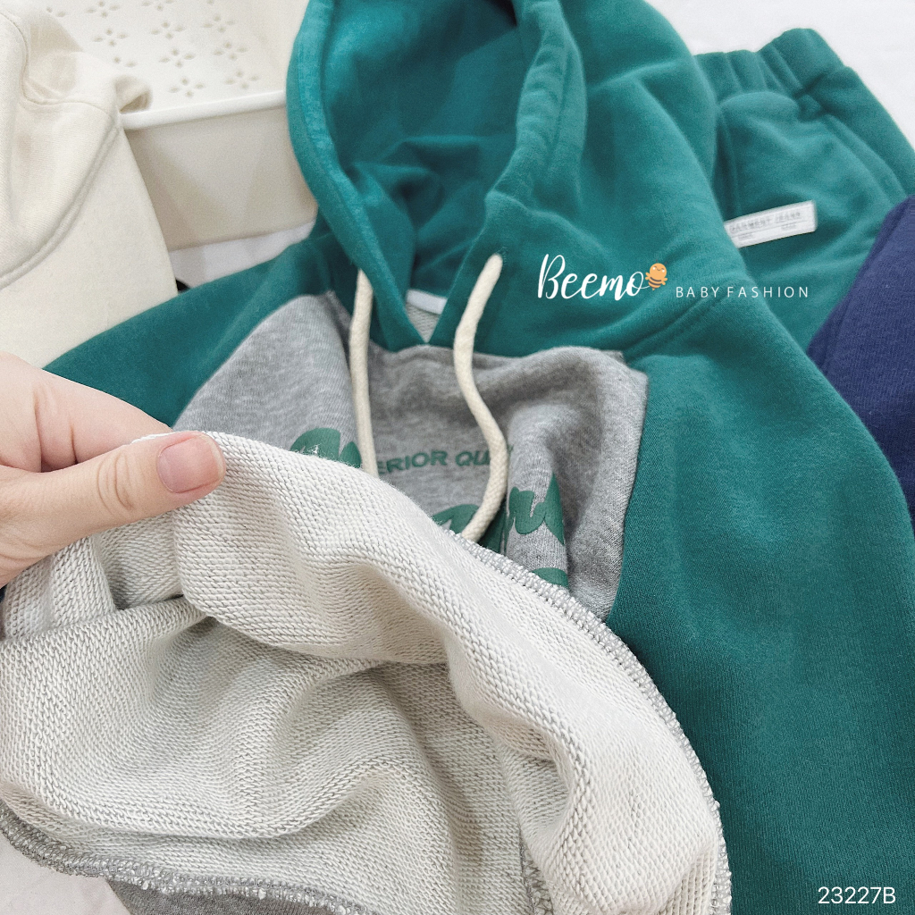 Bộ hoodie phối tay, bộ mũ nỉ da cá dài tay mềm in chữ New York Beemo cho bé