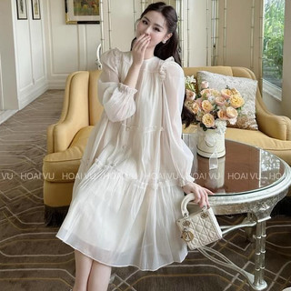 Váy bầu thu đông tay lỡ thiết kế viền bèo tiểu thư sang chảnh