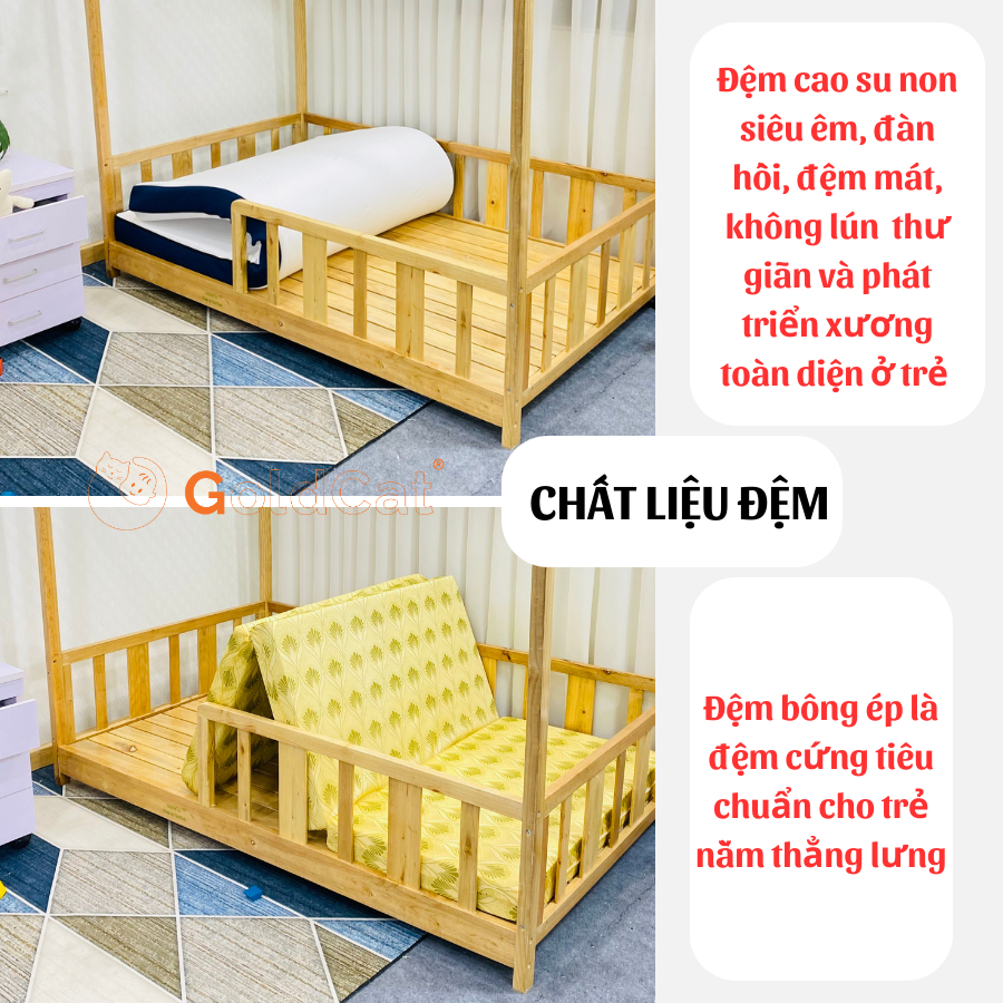 Giường cho bé gái, bé trai hình ngôi nhà, gỗ quế tự nhiên GoldCat cho trẻ từ 3-15 tuổi | Tặng Set Trang tr