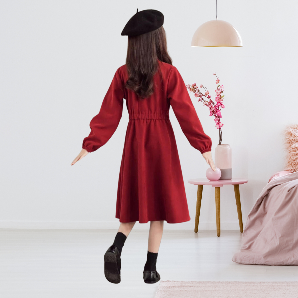 Váy bé gái thu đông U3 NHẬT HÀ dáng dài tay chất liệu nhung tăm size đại 11-45kg