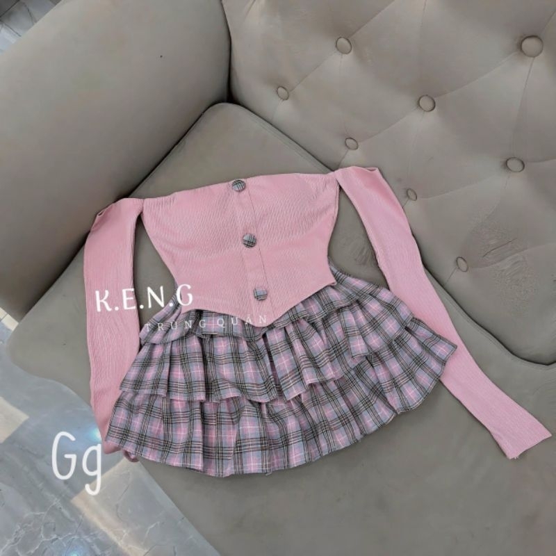 Set áo mocking trễ vai nhún chân váy voan tầng - bộ áo ống tay rời kèm chân váy xòe tầng alohashop91
