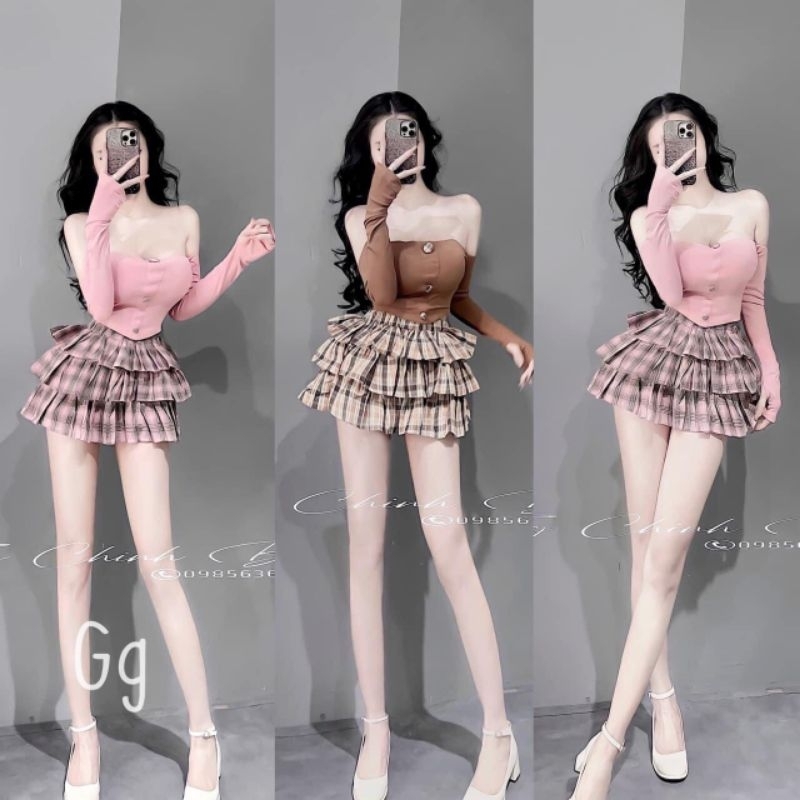 Set áo mocking trễ vai nhún chân váy voan tầng - bộ áo ống tay rời kèm chân váy xòe tầng alohashop91