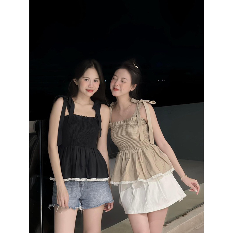 Áo Kiểu - 1950 - 2 Dây Cột Nơ - Nhún - Lai Viền Ren