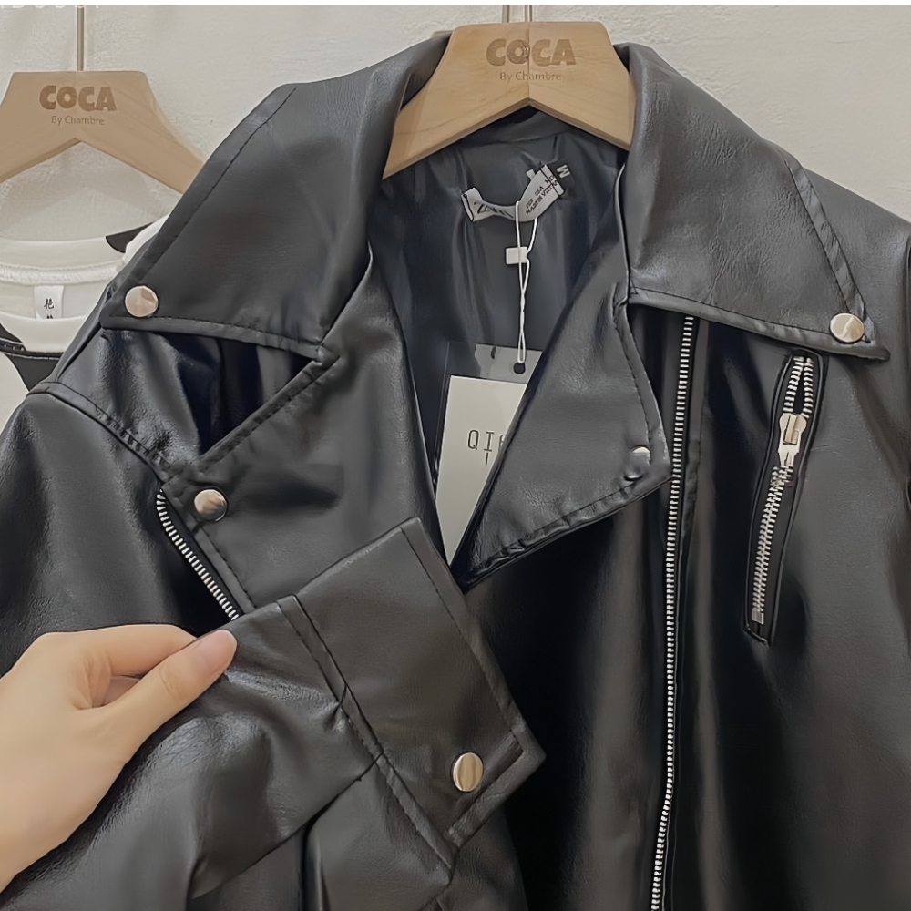 Áo da jackit cá tính from rộng unisex kèm đai dưới, năng động dễ phối