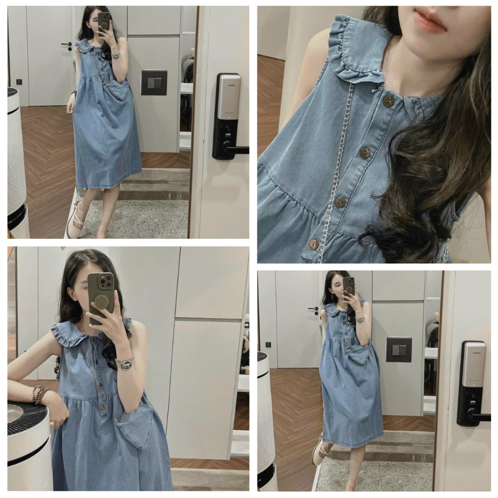 Váy Jean xanh cổ bèo tặng kèm túi trái tim dây xích, đầm babydoll dáng dài nữ tính dễ thương