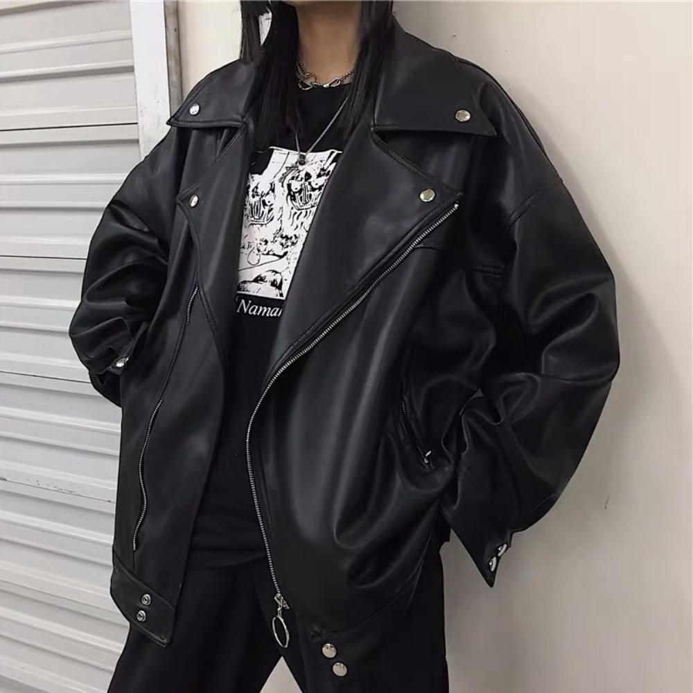 Áo da jackit cá tính from rộng unisex kèm đai dưới, năng động dễ phối