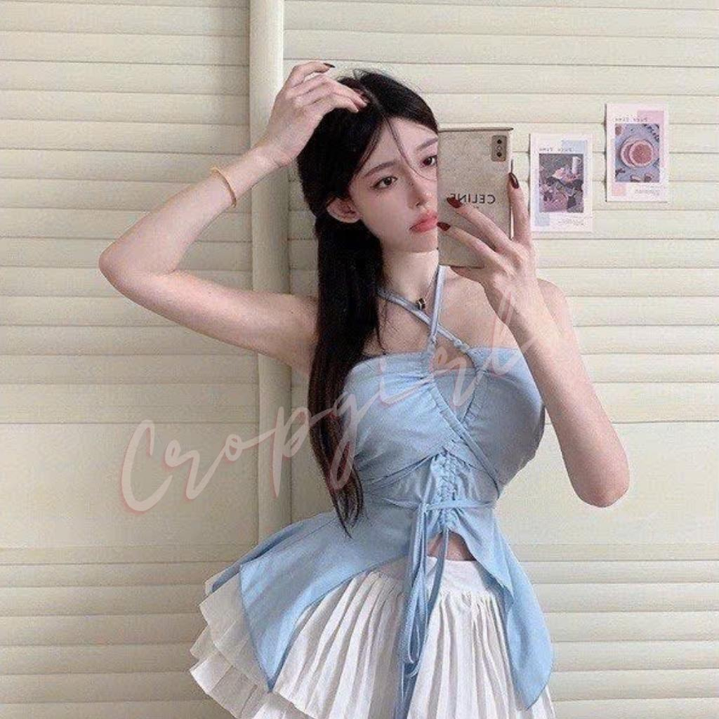 Áo cúp ngực dây chéo rút dây trước ngực dáng áo croptop kiểu đuôi cá cực xinh chất vải dày dặn 2D18 | BigBuy360 - bigbuy360.vn