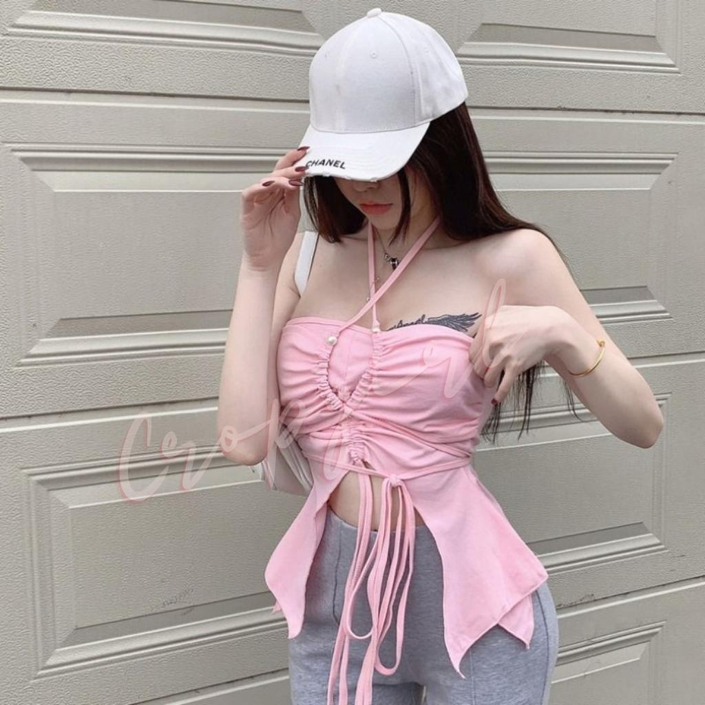 Áo cúp ngực dây chéo rút dây trước ngực dáng áo croptop kiểu đuôi cá cực xinh chất vải dày dặn 2D18 | BigBuy360 - bigbuy360.vn