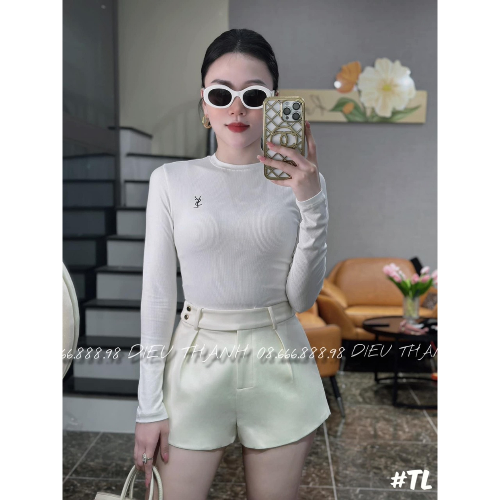 Áo nữ áo Áo thun nữ thêu logo Y.S.L siêu hot , Áo thun dài tay 2 màu đen trắng