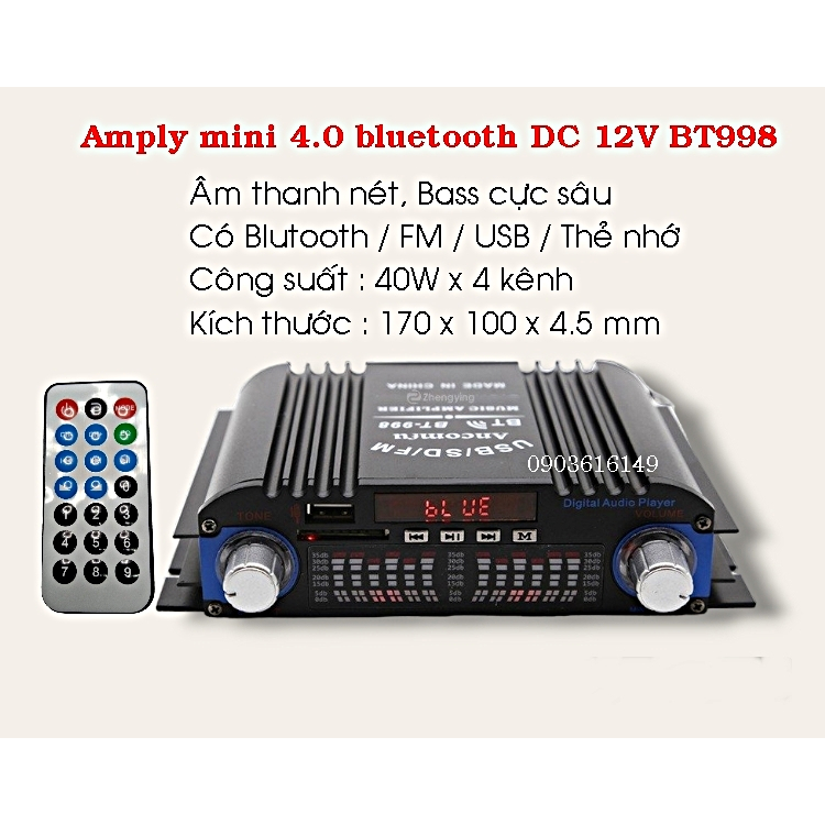 Amply ampli mini 4 kênh Bluetooth DC12V BT-998