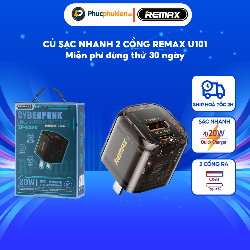 Bộ sạc nhanh 20w + Củ sac 20w Remax U101 + Dây sạc nhanh 20w Remax C061 cho 8Plus đến 14 Pro max - Phúc Phụ Kiện Remax