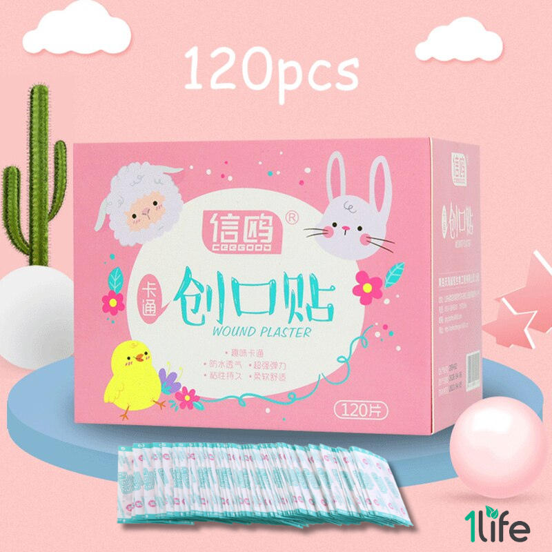 Hộp 120 miếng băng keo cá nhân thoáng khí chống thấm nước họa tiết hoạt hình dễ thương