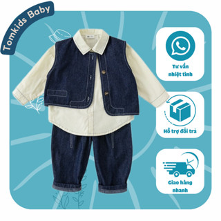  Set Bộ Gile Bé Trai Bộ Vest Bé Trai TOMKIDS 3 Chi Tiết Gồm Áo Sơ Mi Dài Tay Quần Dài Áo Gile Bò Phong Cách Hàn Quốc 