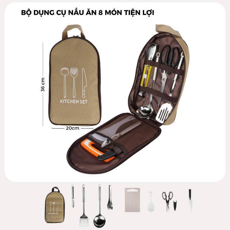 Bộ dụng cụ nấu ăn 8 món Camping có túi đựng cho du lịch và dã ngoại, cắm trại, camping - DCP5
