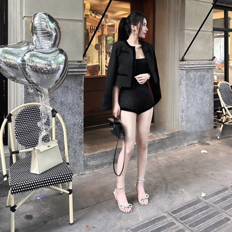 Set áo dạ sweet đính kim sa, Kèm quần ngắn sang chảnh hách dáng xỉu