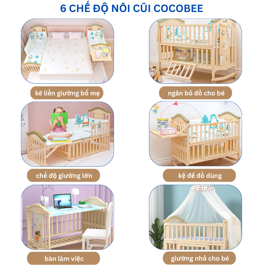 Nôi cũi 2 tầng cho bé sơ sinh đa năng COCOBEE, Sử dụng từ 0 đến 12 tuổi, Bảo hành 3 năm chính hãng