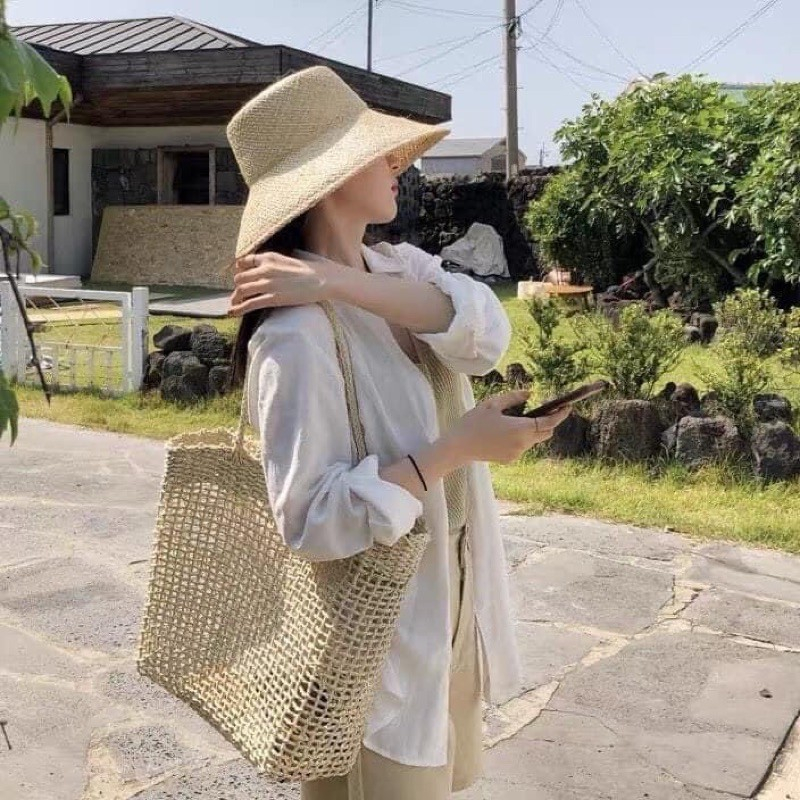 Giỏ Cói Tote Xách Vuông - Đan Lưới Caro Thưa