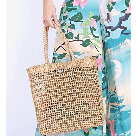 Giỏ Cói Tote Xách Vuông - Đan Lưới Caro Thưa