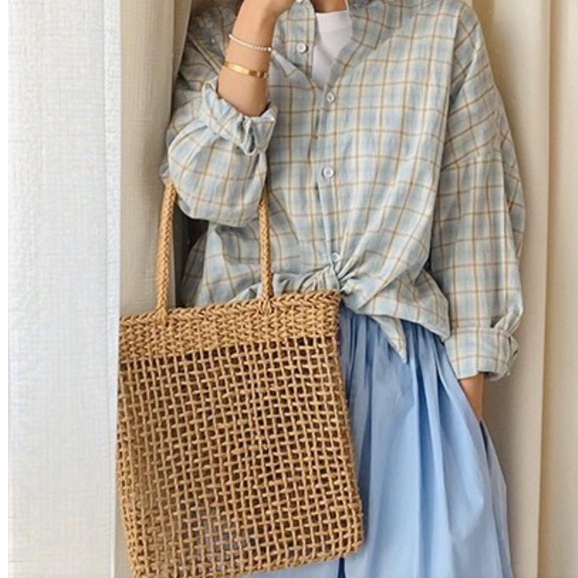 Giỏ Cói Tote Xách Vuông - Đan Lưới Caro Thưa
