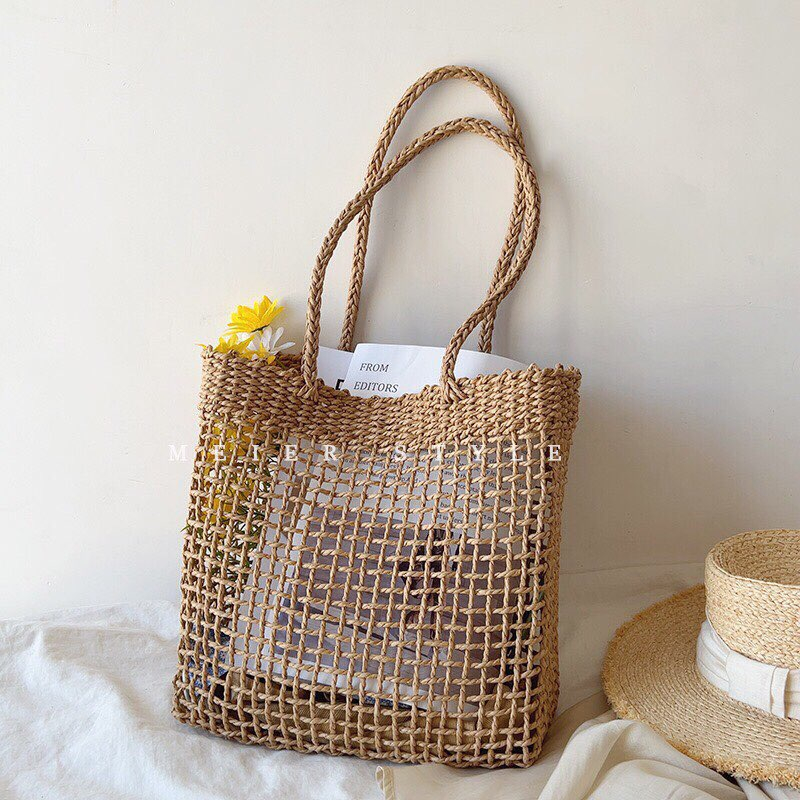 Giỏ Cói Tote Xách Vuông - Đan Lưới Caro Thưa