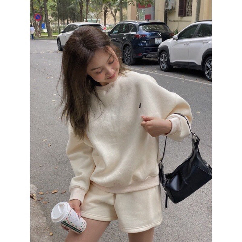 Set bộ nỉ áo sweater mix quần short hình thêu chất dày dặn -Mon.Ami