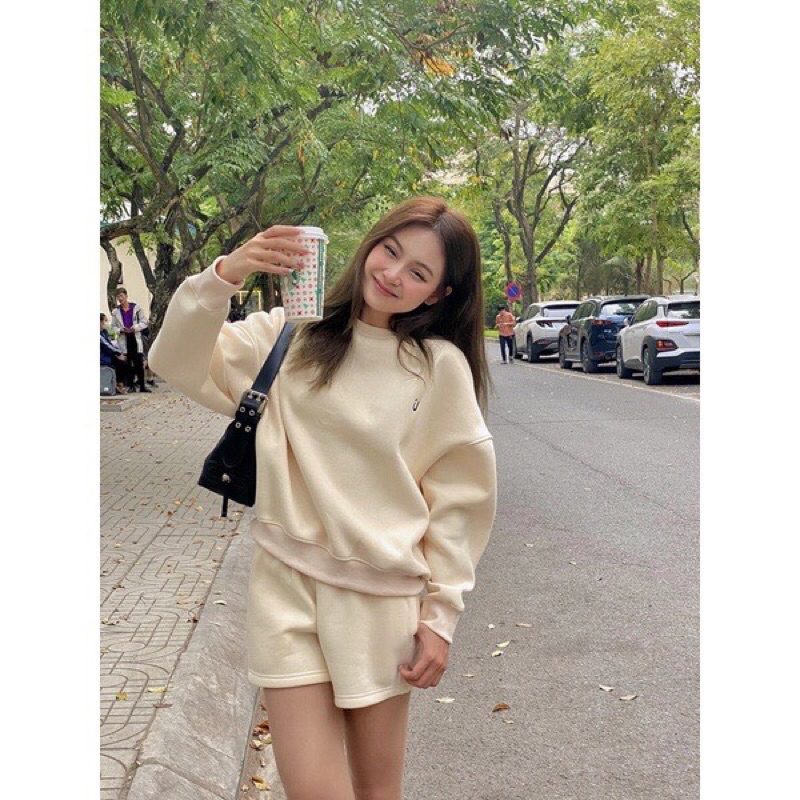 Set bộ nỉ áo sweater mix quần short hình thêu chất dày dặn -Mon.Ami