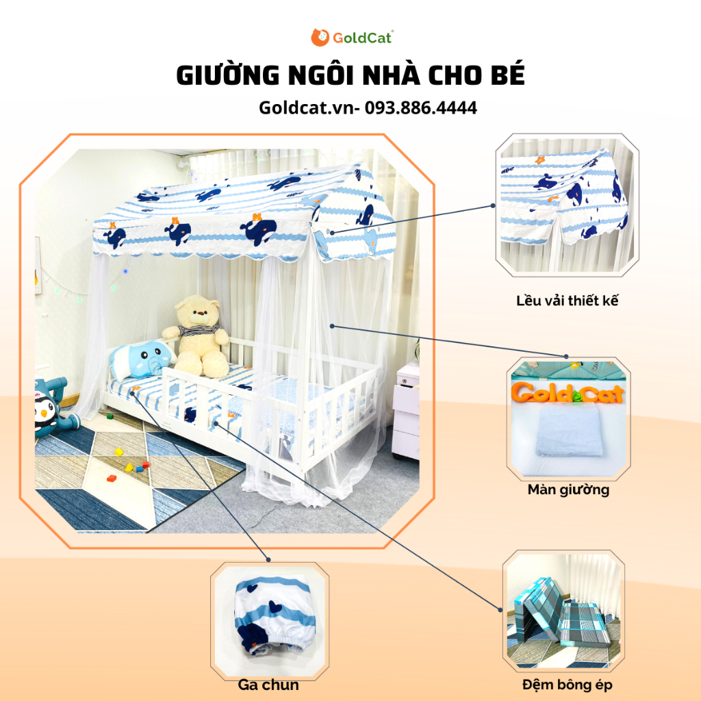 Giường Cho Bé Trai Hình Ngôi Nhà, Thương Hiệu GoldCat, Chất Liệu Gỗ Quế Tự Nhiên, Đảm Bảo Bền Chắc, Sử Dụng Từ 3-15 Tuổi