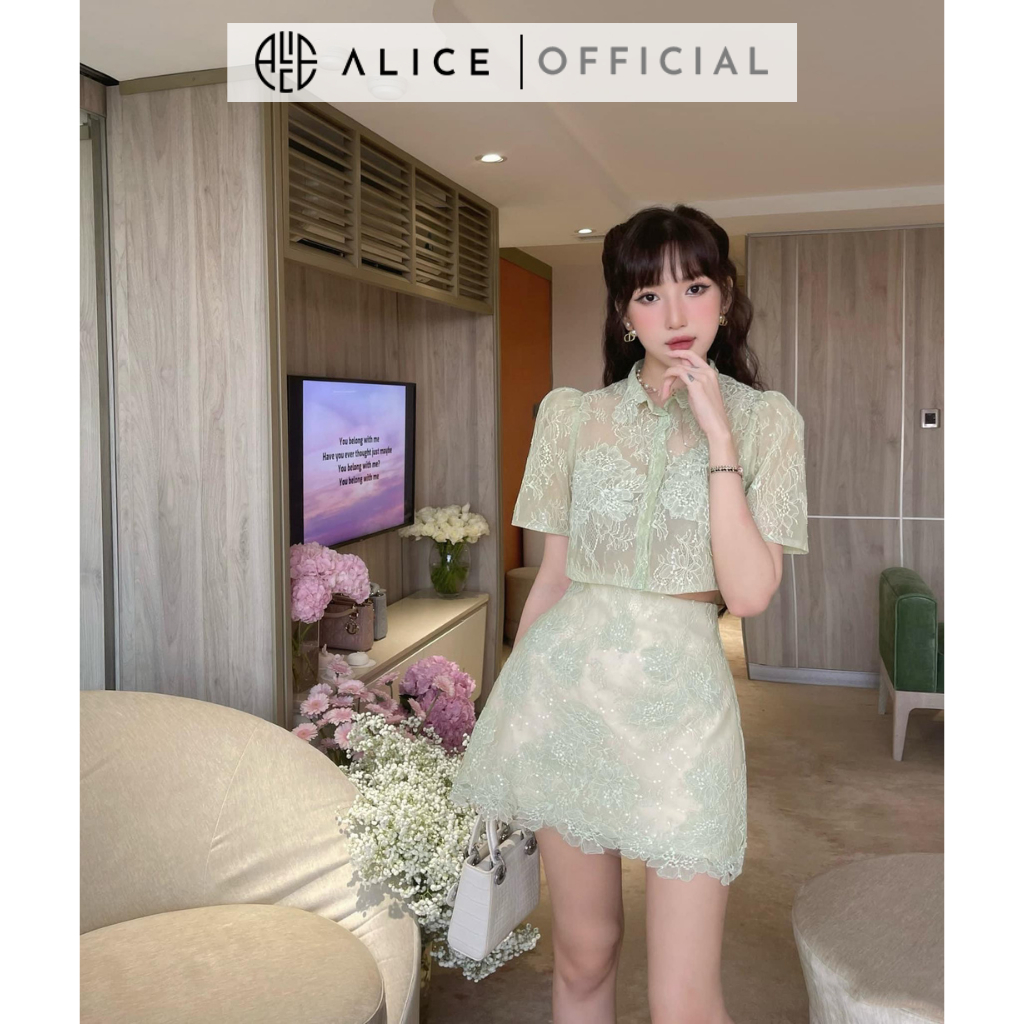 Set Váy Ren Kim Sa Cao Cấp ALICE Áo Crotop Tay Bồng, Chân Váy Dáng A Đáp Ren Phong Cách Tiểu Thư Sang Chảnh S397