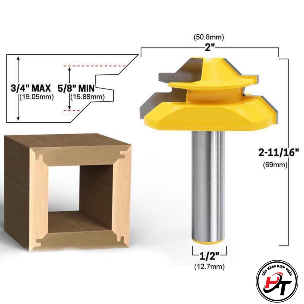 Mũi phay ghép góc vuông 2cm MUWANG vàng MSGGV-V-2CM