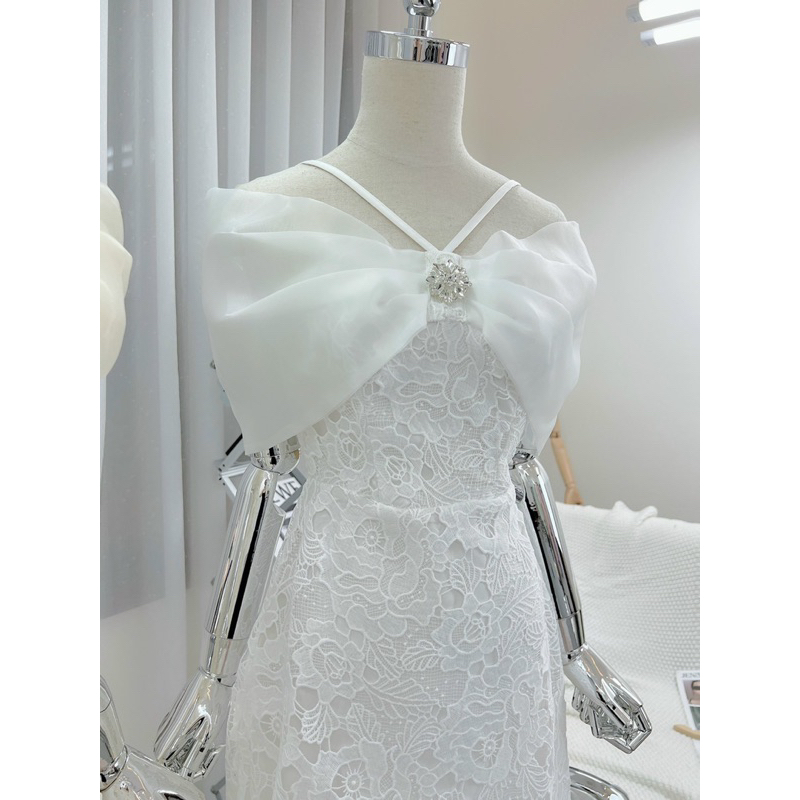 Váy Ren Phối Tơ Trễ Vai Kèm Tag Đá