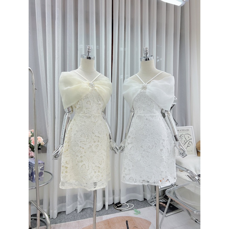 Váy Ren Phối Tơ Trễ Vai Kèm Tag Đá