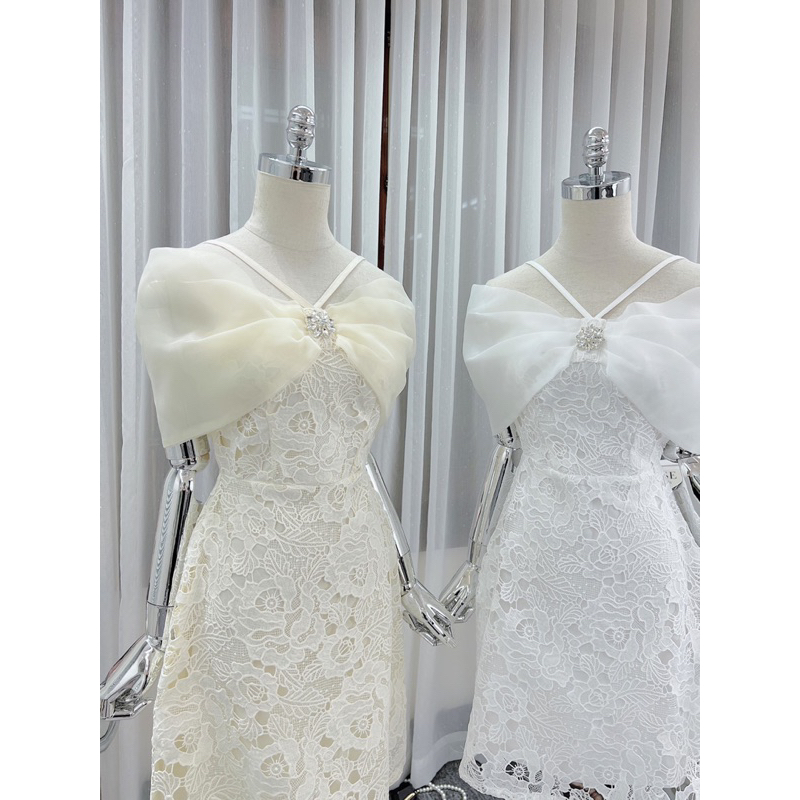 Váy Ren Phối Tơ Trễ Vai Kèm Tag Đá