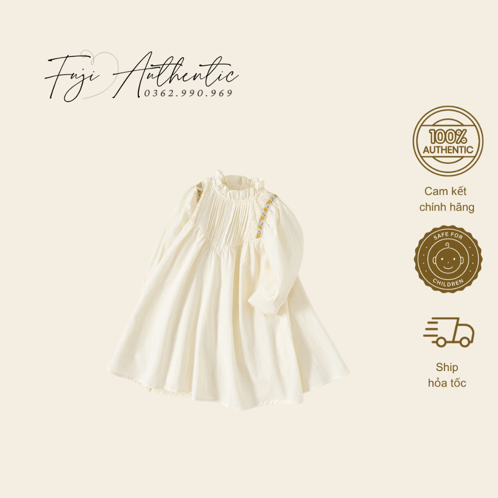 Váy bé gái  Váy thô thêu hoa trắng be BABYCITY cho bé 13kg - 27kg