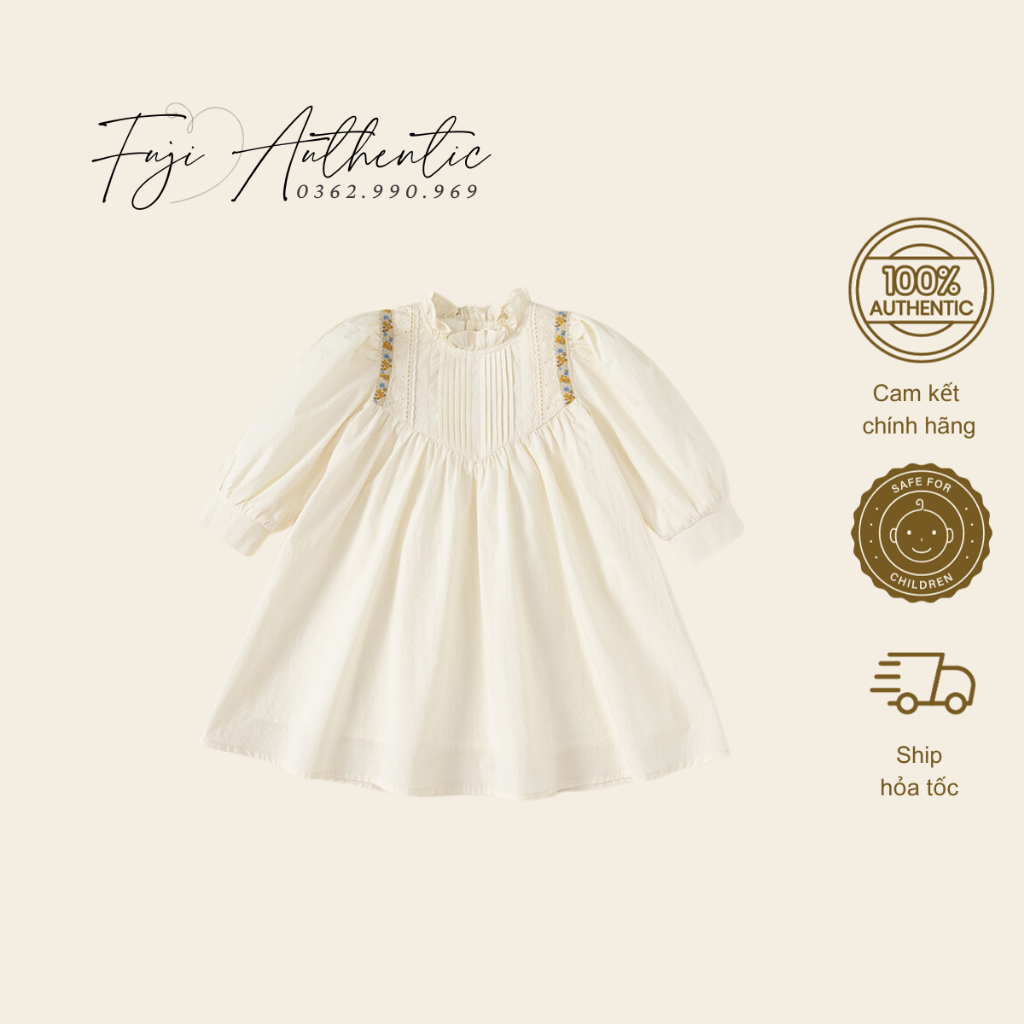 Váy bé gái  Váy thô thêu hoa trắng be BABYCITY cho bé 13kg - 27kg