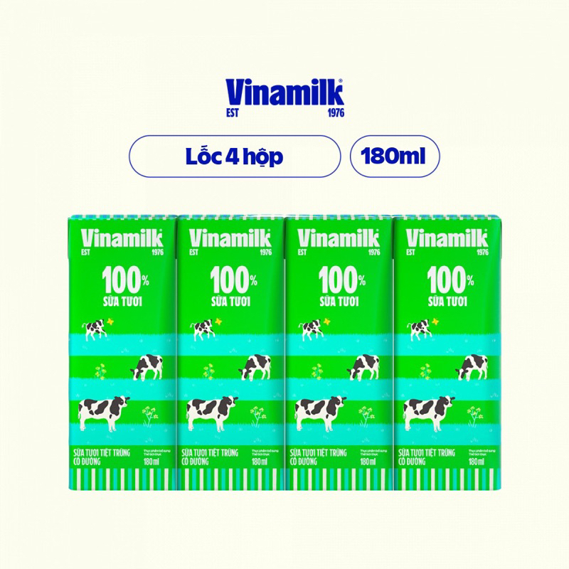 LỐC 4 HỘP SỮA TƯƠI TIỆT TRÙNG VINAMILK 100% CÓ ĐƯỜNG 180ML VÀ 110ML (MẪU MỚI)