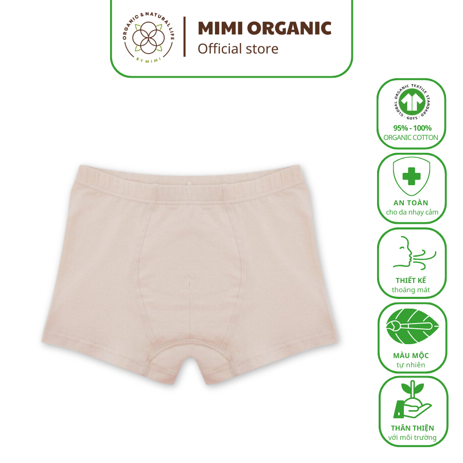 Quần Lót Mimi Organic Official Dáng Boxer Bé Trai Màu Be Kín Sợi Bông Hữu Cơ