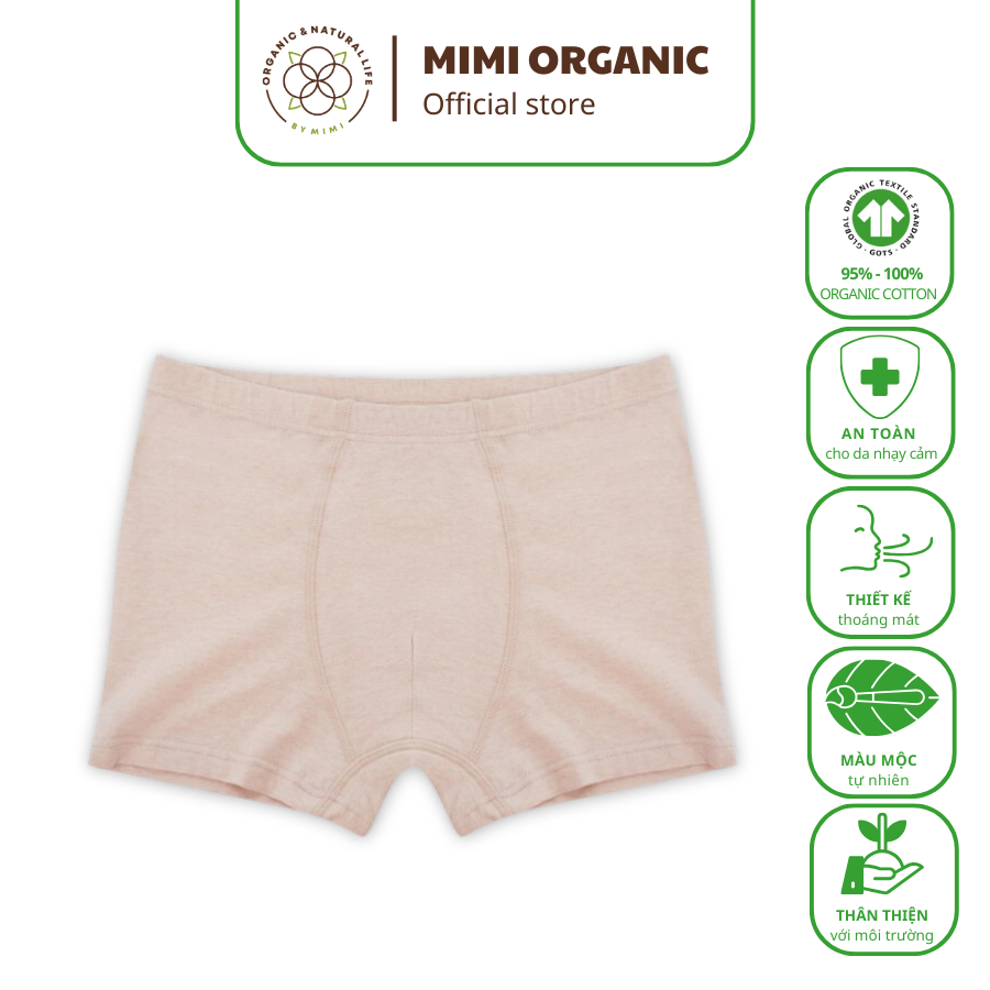 Quần Lót Mimi Organic Official Dáng Boxer Bé Trai Màu Nâu Kín Sợi Bông Hữu Cơ