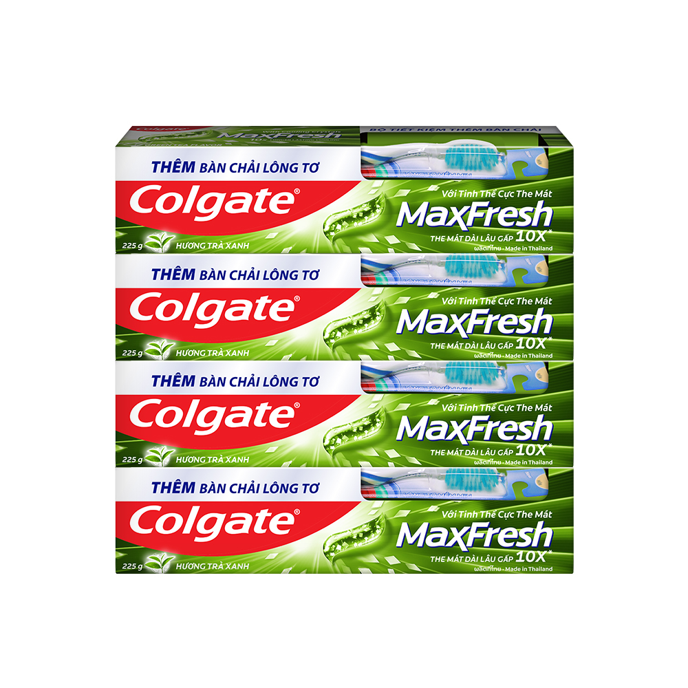 Bộ 4 Kem đánh răng Colgate Maxfresh Trà Xanh the mát 225g/tuýp tặng bàn chải