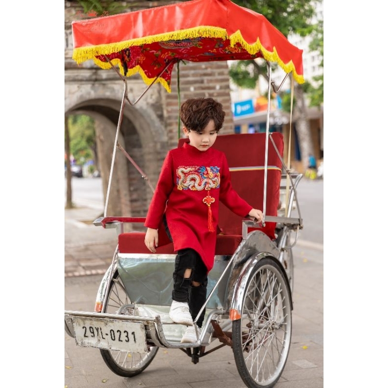 Áo dài bé trai rồng 3 màu xanh, nâu, đỏ diện tết Giáp Thìn 2024