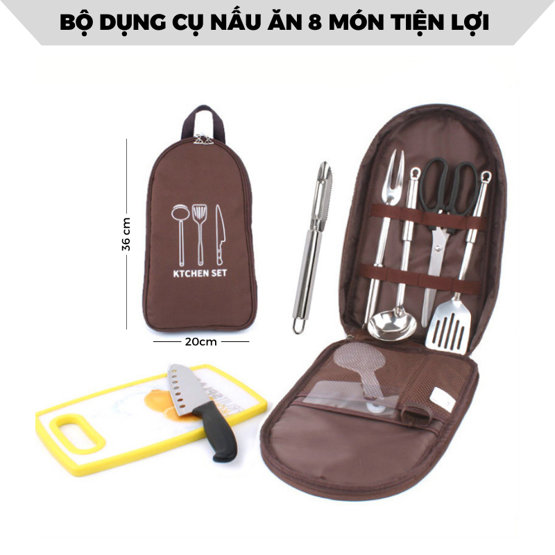 Bộ dụng cụ nấu ăn 8 món Camping có túi đựng cho du lịch và dã ngoại, cắm trại, camping-[DCP5]